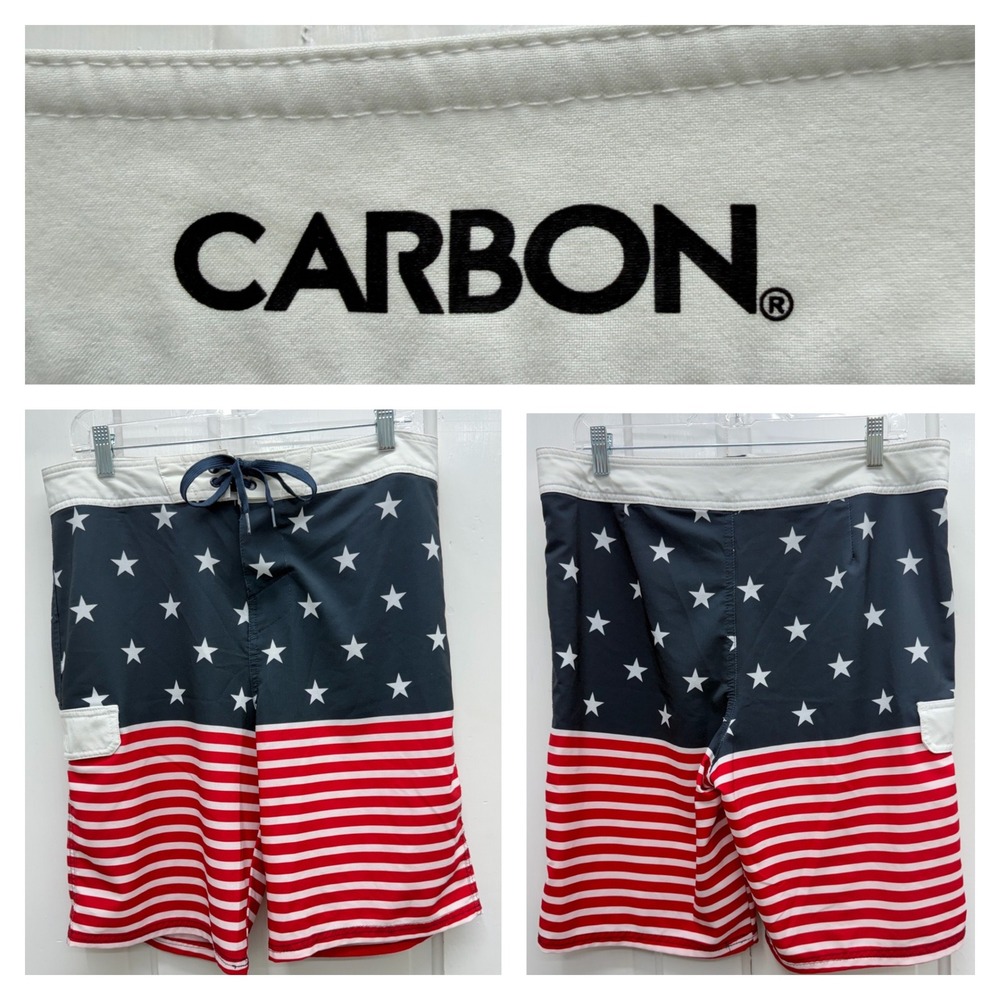 Carbon Red White Blue American Flag Board‎ Shorts Swim Trunks Swimsuit Men's 32